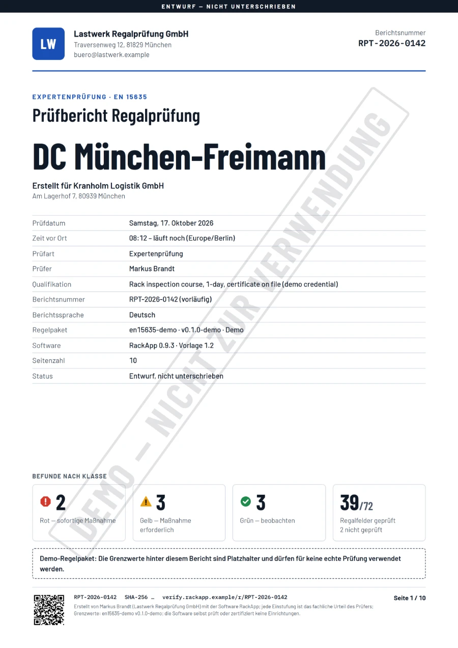 Seite 1 des heutigen Berichtsentwurfs für die laufende Prüfung, als Entwurf gekennzeichnet.