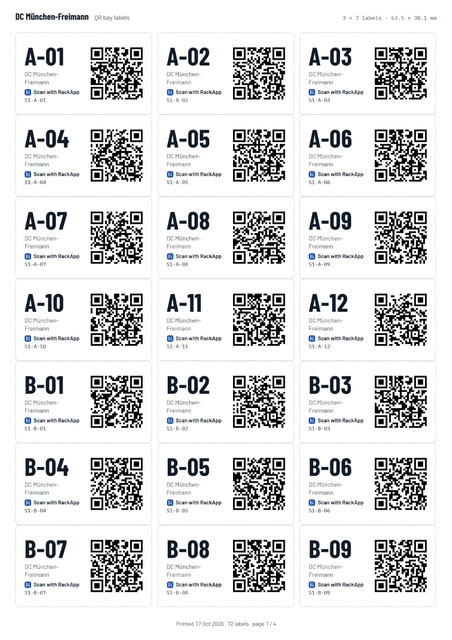 QR-Etikettenbogen für das DC München-Freimann: 21 Feldetiketten pro A4-Seite, jeweils mit Feldcode und QR-Code.