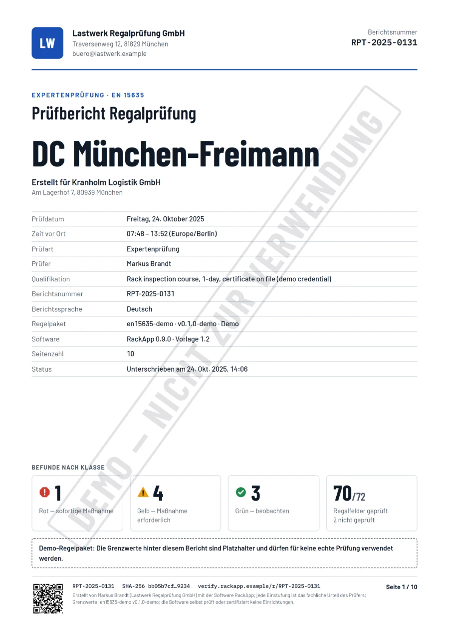 Seite 1 des Musterberichts RPT-2025-0131 für das DC München-Freimann: Prüfdaten und Befunde nach Einstufung.