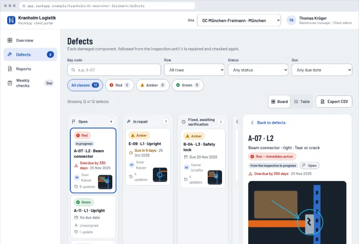 Defect detail in the client portal: photos, class history, action, assignee, status and comments.