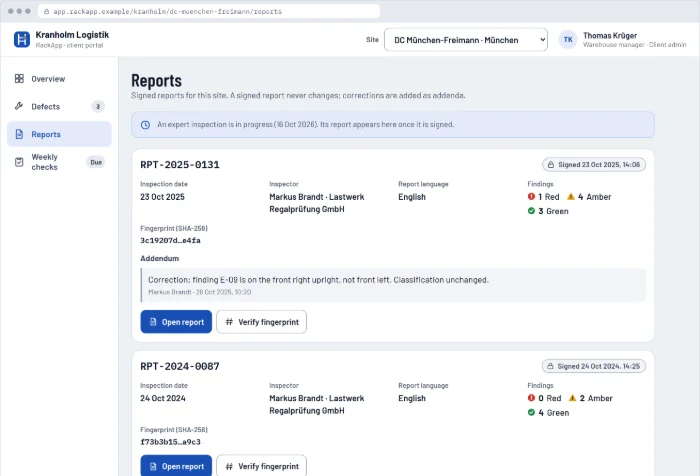 Reports: signed report RPT-2025-0131 with its language, inspector, fingerprint and a button to verify it.