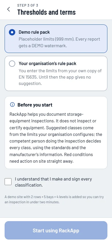 First run: choose the sample pack or your organisation's pack and confirm how the app is meant to be used.