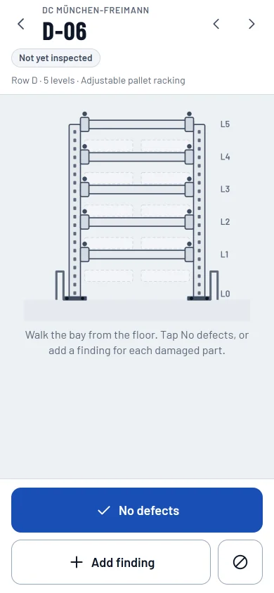 Bay D-06, not yet inspected: a big No defects button, Add finding and Not inspected.