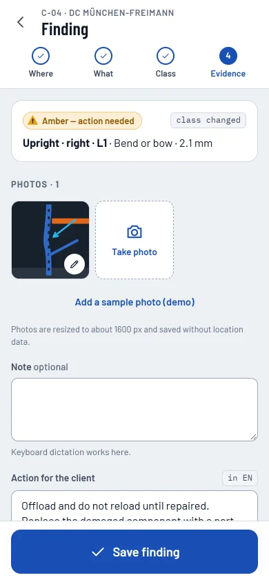 Add finding, evidence: photos with markings, the action text and the due date that follows the class.