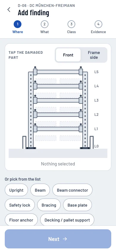 Add finding, where: the bay drawing with tappable uprights, beams and bracing, then the height.