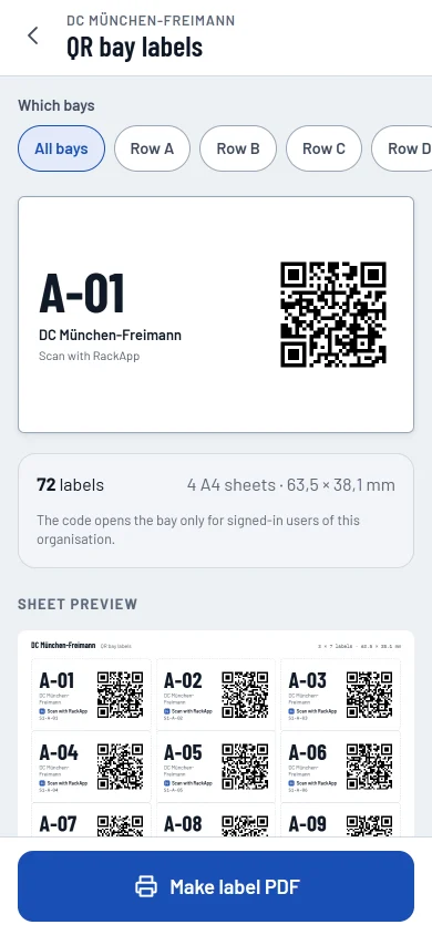 QR labels: label sheets per site with a preview of the bay labels.