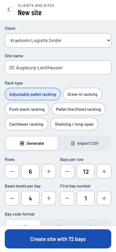 Layout generator: rows, bays per row and levels, code format and a live preview of the codes.