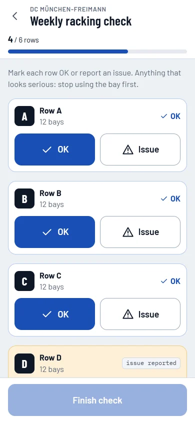 Weekly check, row by row: each row with large OK and Issue buttons.