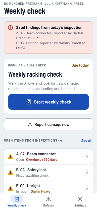 Warehouse app home: today's red alerts from the inspector, the weekly check that is due, open items and the history of checks.