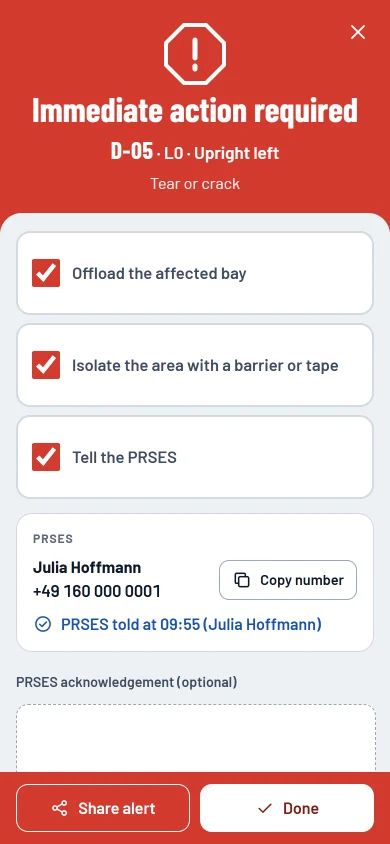 Red finding alert: offload, isolate, inform, with who was told and when.