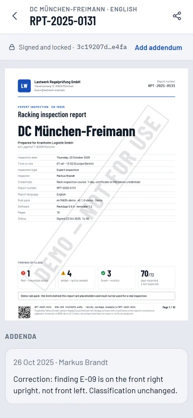 The signed report on the phone, laid out with the same template as the PDF.