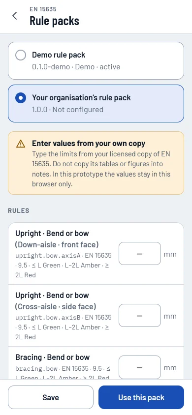 Rule pack, your values: an empty pack ready for the limits from your own copy of the standard.