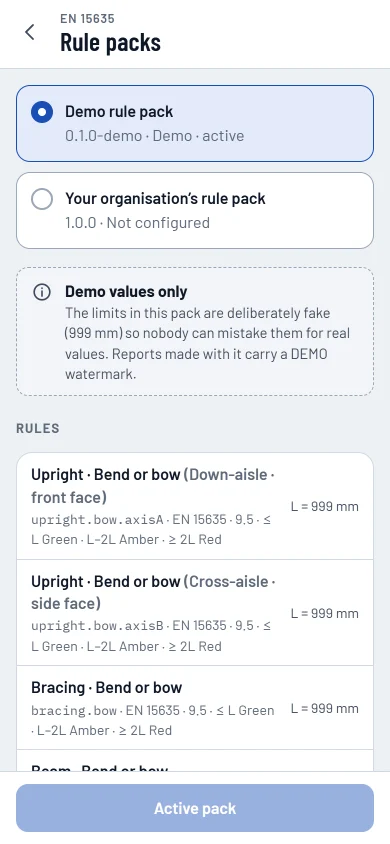 Rule pack with sample values: versioned limits with their source, set to 999 mm placeholders.