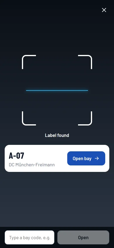 Scan a bay label: the camera finds the QR label and opens the bay in the running inspection.