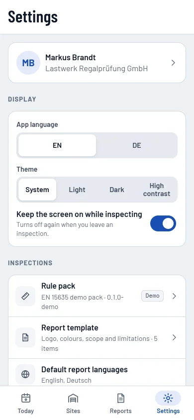 Settings: language, theme, keep the screen on, rule packs, privacy and data export.