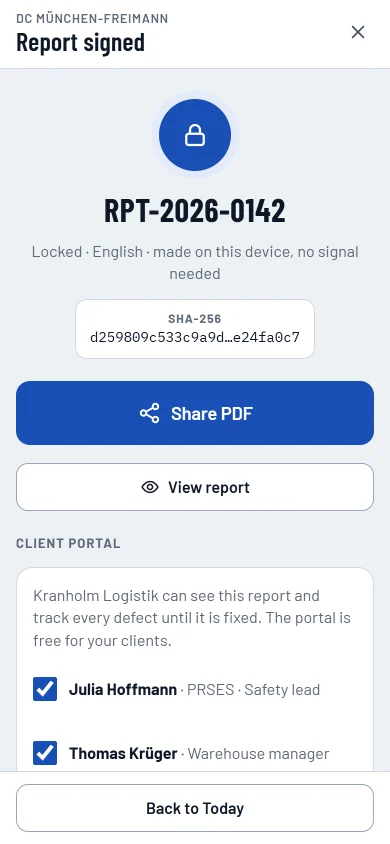 Signed and delivered: the SHA-256 fingerprint, share the PDF and invite the client to the portal.