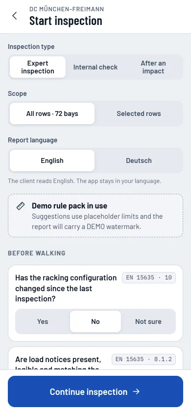 Start inspection: type, scope, report language, the active rule pack, questions before the walk and last year's open items.