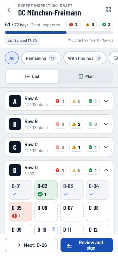 Walk and inspect: progress, counts by class, sync state and large bay tiles by row.