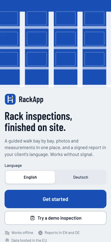 Welcome: choose a language, sign in with your email, or try a sample inspection.